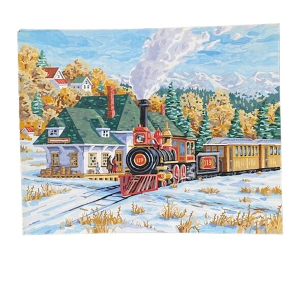 Completed Paint By Number Old Train Passengers Winter Scene Gallery Wall - Picture 1 of 4